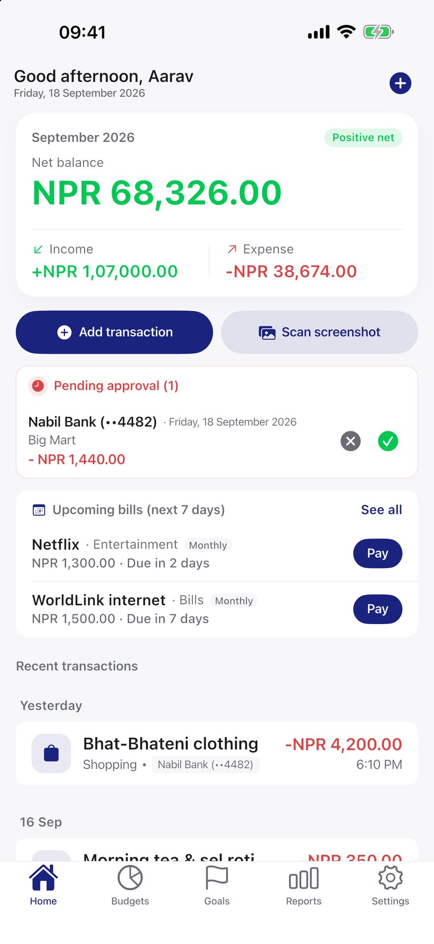 MoneyWise home screen on an iPhone
