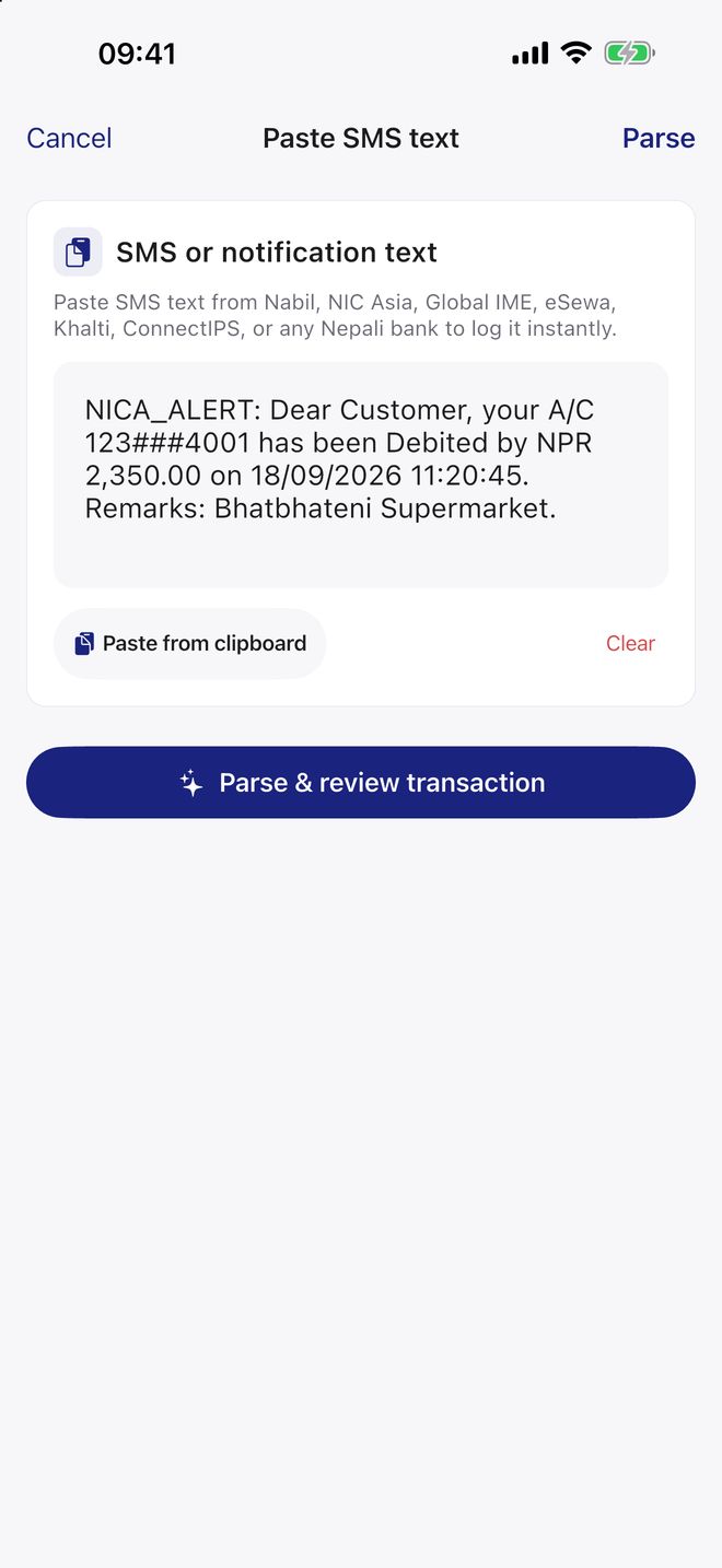MoneyWise screen for pasting a bank SMS