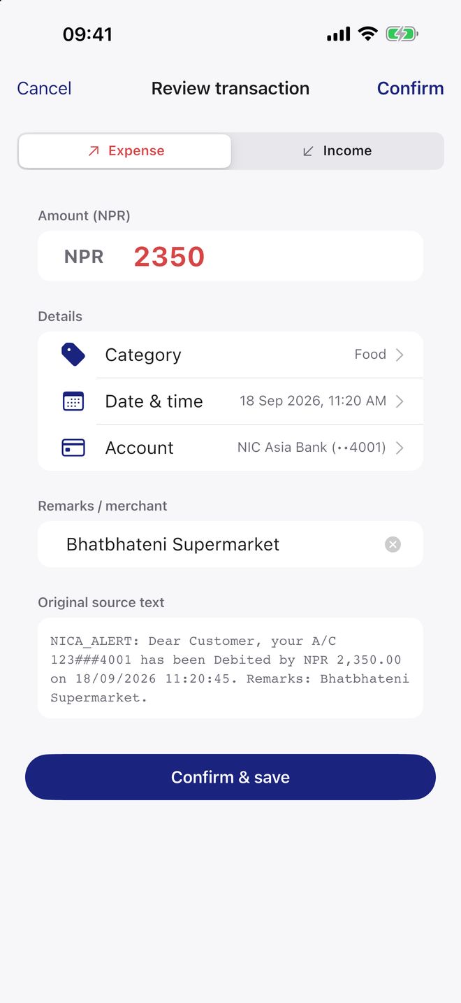 MoneyWise review screen with a transaction filled in from an SMS