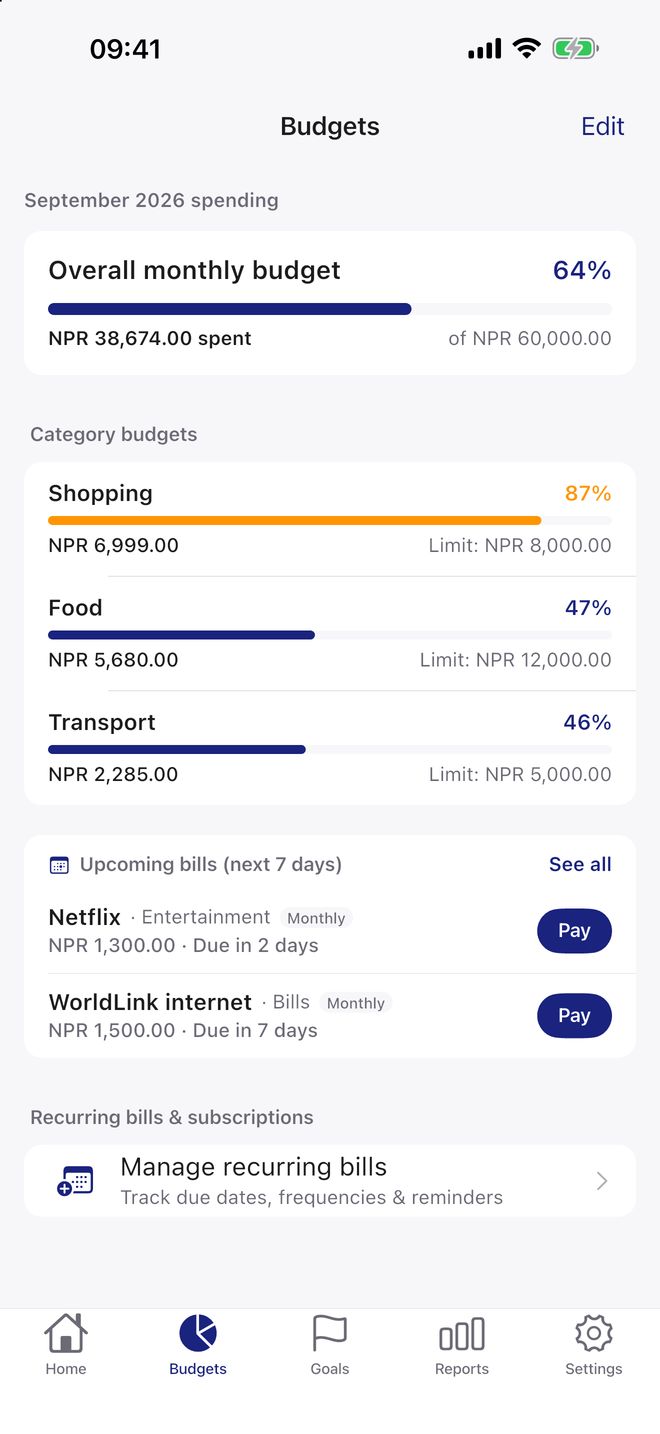 MoneyWise budgets screen