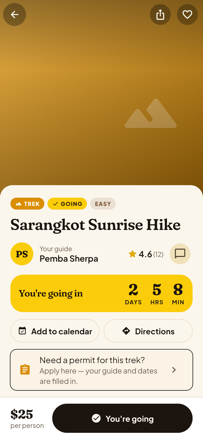 A trek listing with the guide, date and price