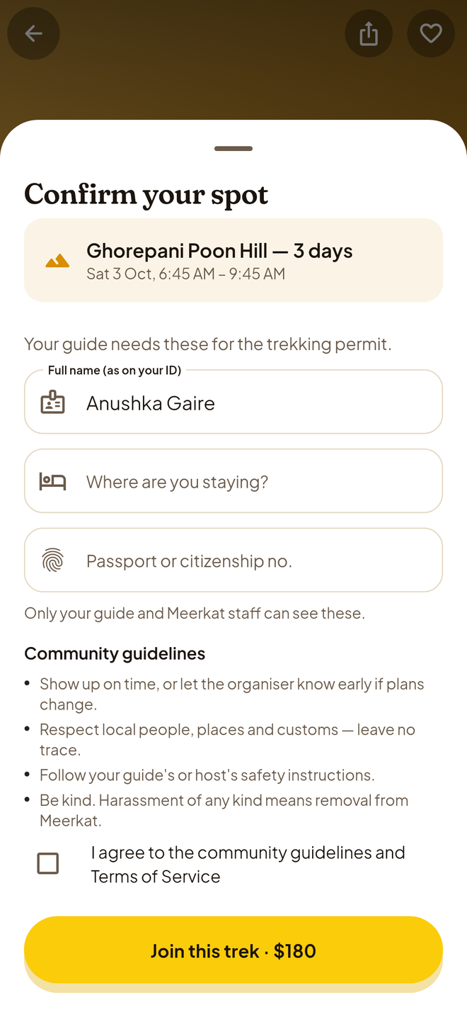 Joining a trek in Meerkat, with the permit details step