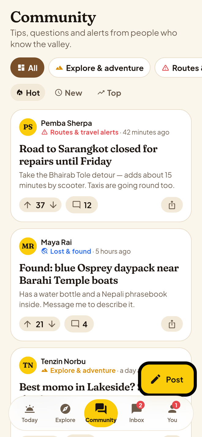 Meerkat community board with trail reports and lost and found posts